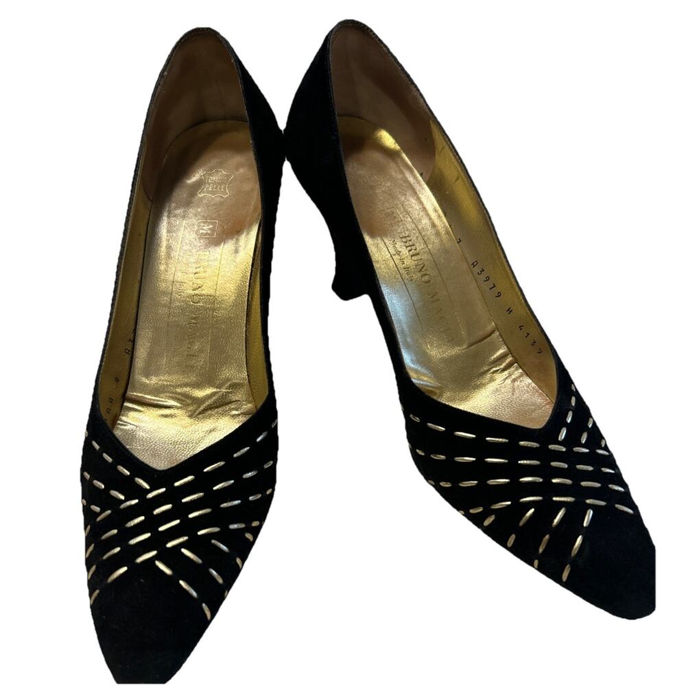Vintage Bruno Magli Shoes Heels Size 7 AAAA Black Dress Pumps Suede Gold 90s